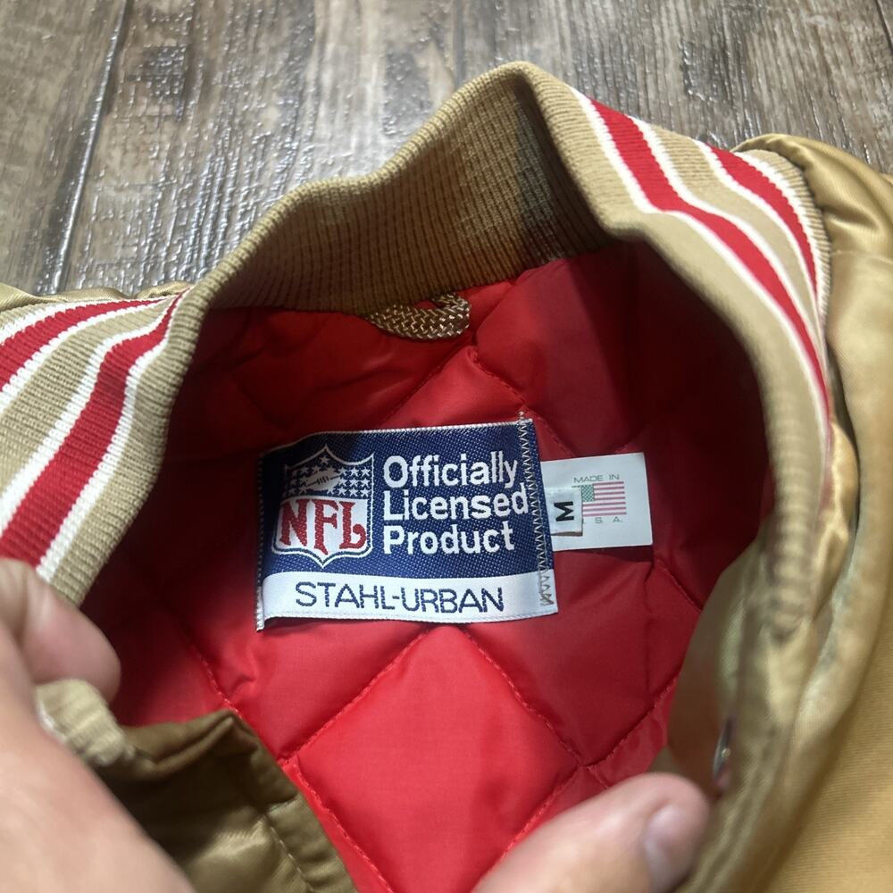 Vintage San Francisco 49ers Spell Out Gold Satin Jacket Size S Stahl-Urban - Picture 2 of 6